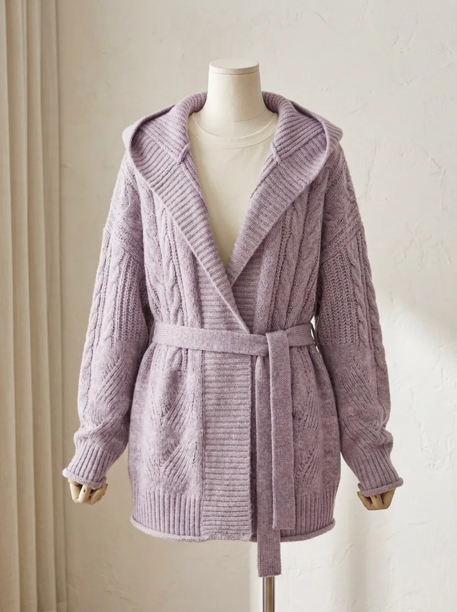 Refined Cable-Knit Belted Women's Hooded Knit Cardigan