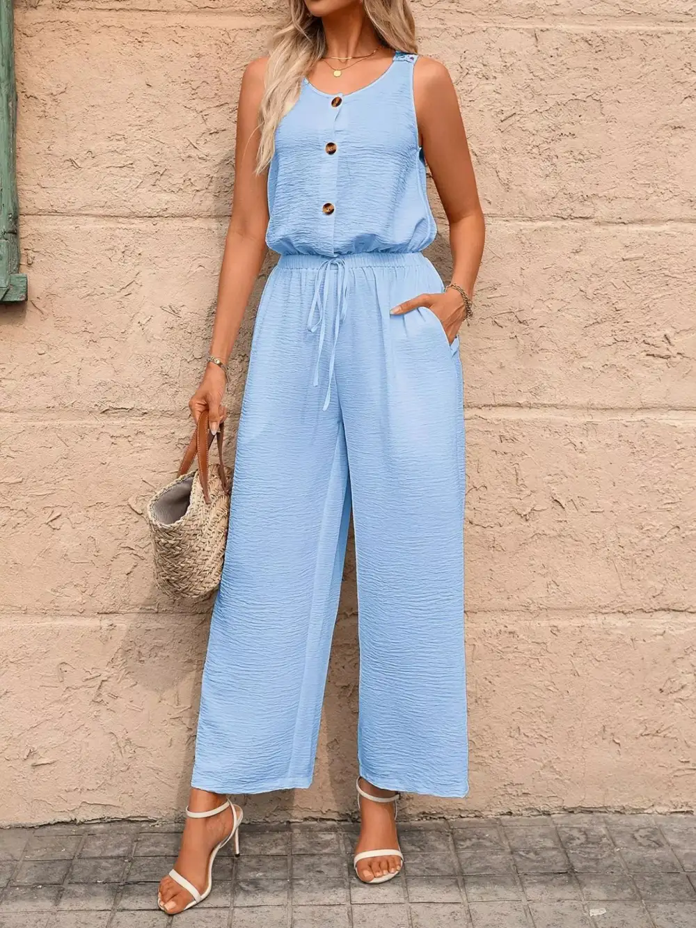 Sleeveless Button Front Wide Leg Jumpsuit