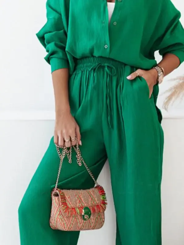 Loose Elastic Wrinkled Long-sleeved Shirt Wide-leg Pants Suit for Women