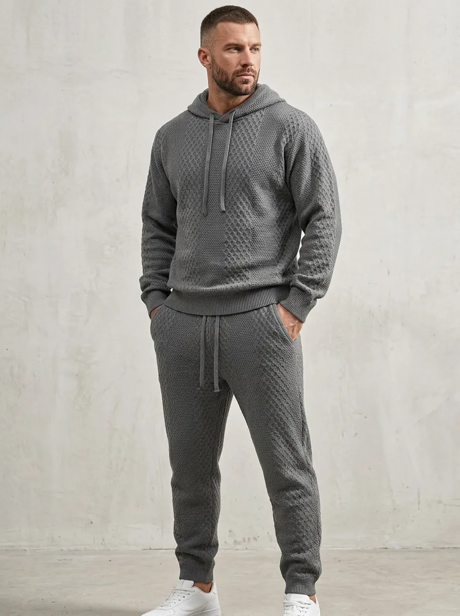 Diamond-Texture Hooded Textured-Knit Men's Knit Hoodie Jogger Set