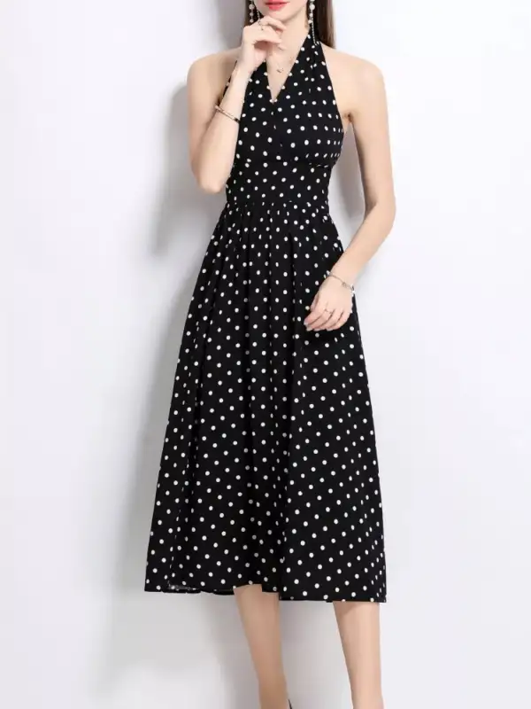 Polka Dot Halter Neck Midi Dress