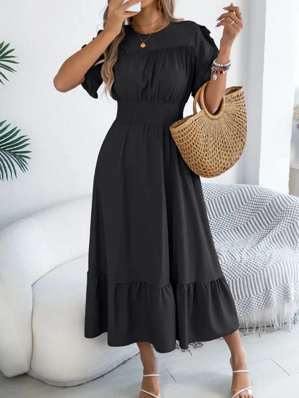 Crew Neck Ruffled Smocked Midi Dress