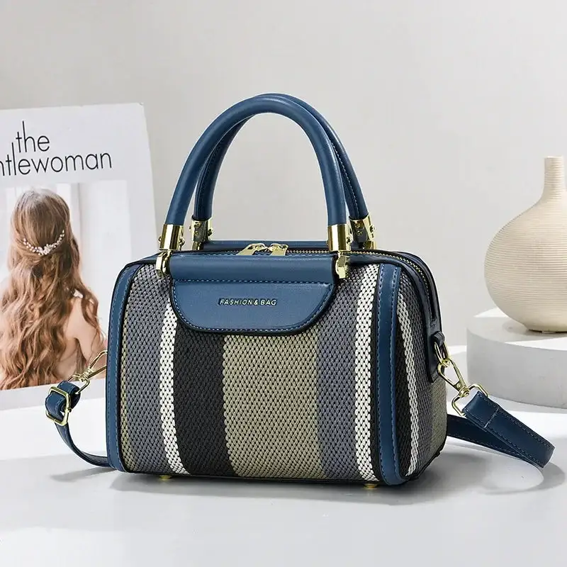 Striped PU Tote Bag Lightweight Spacious Daily