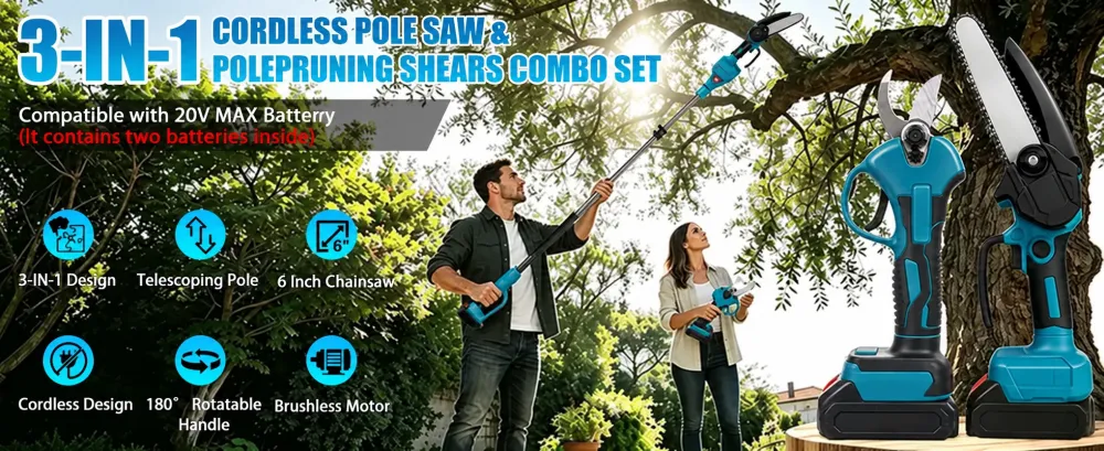 Cordless Pole Saw & Mini Chainsaw Garden Tool Set with Extension Pole for Tree Trimming