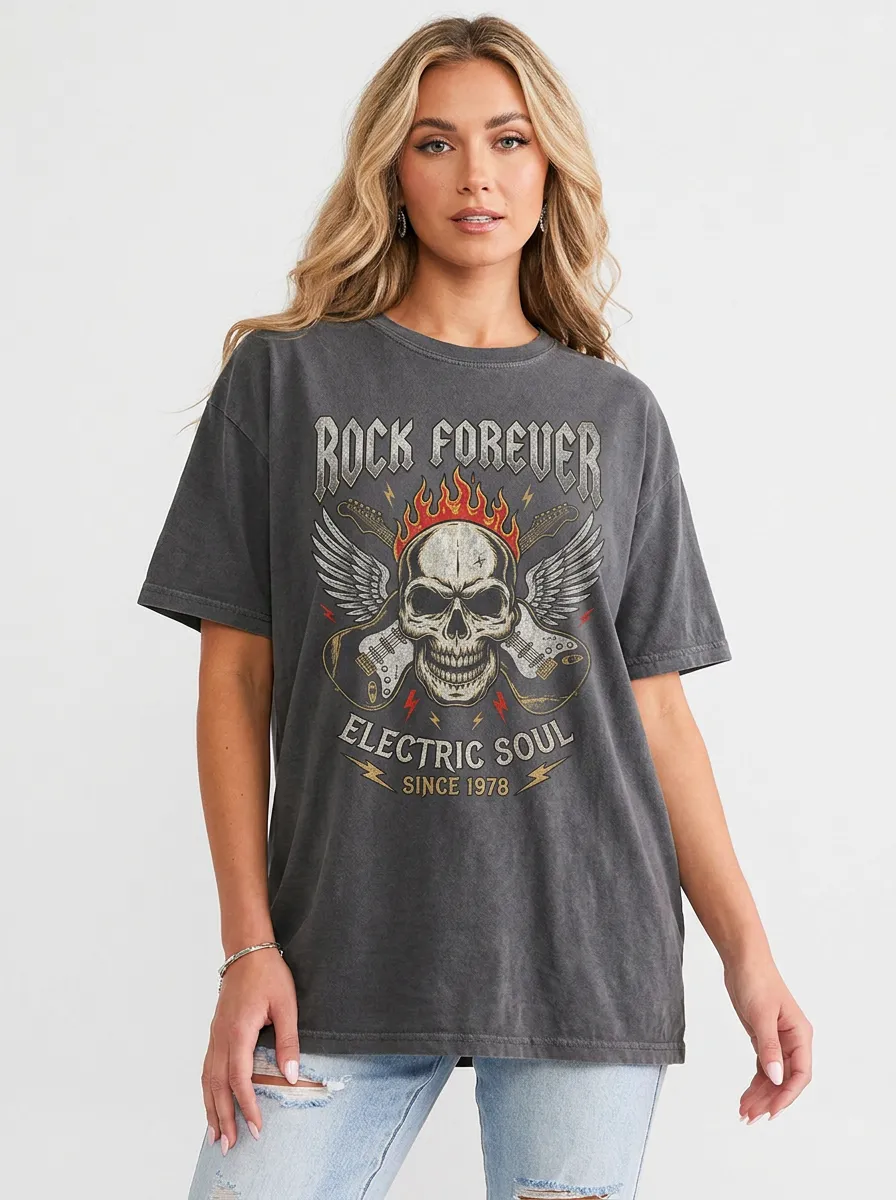 Women's Rock Music Lover Skull Wings Guitar Printed T-shirt