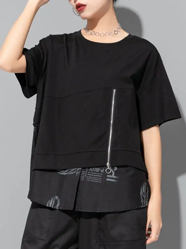 Layered Look Relaxed Printing Panel Detail Round Neck T-Shirt