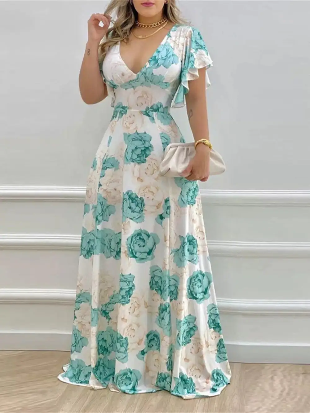 Floral Printed V Neck Maxi Dress