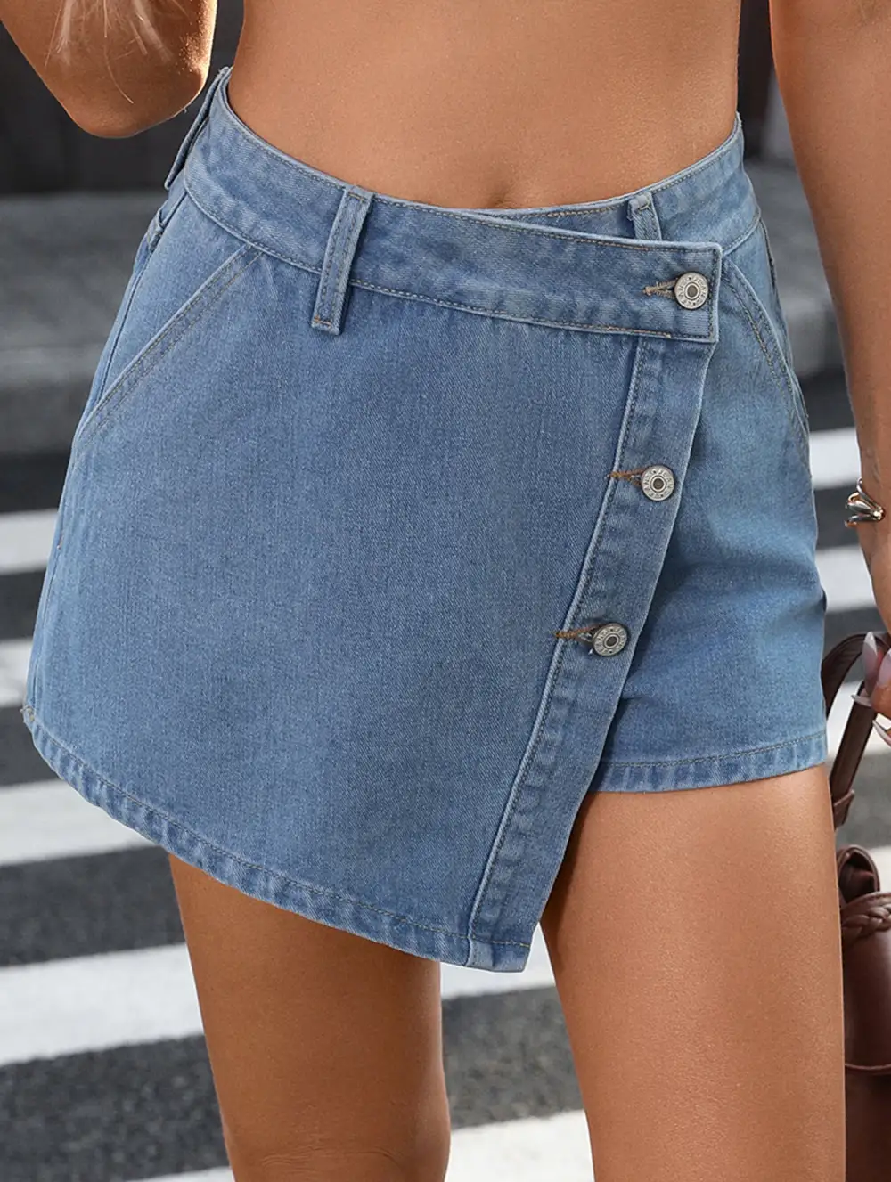 Washed Button-Embellished Irregular Denim Skirt Pants