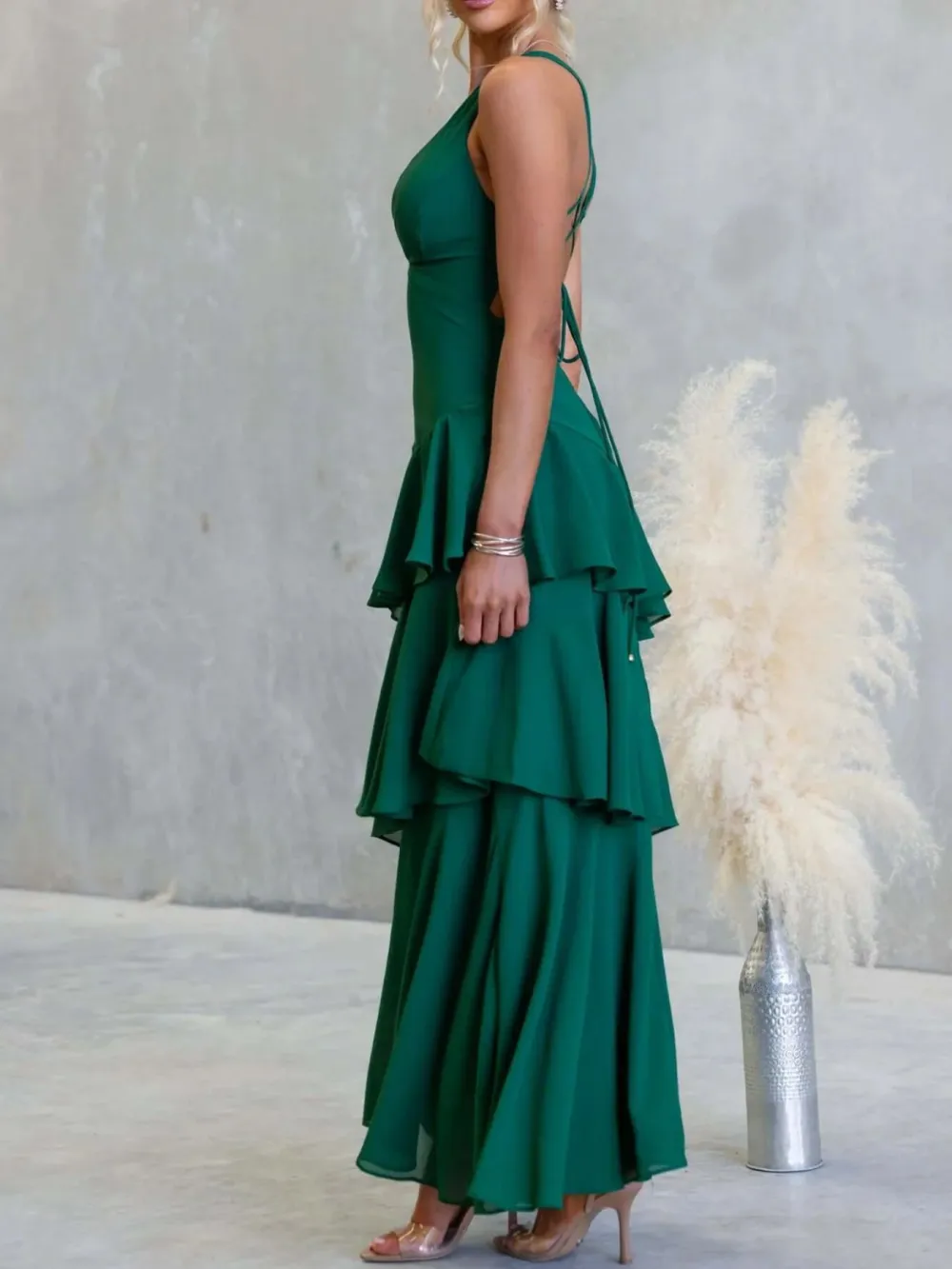 Sleeveless Ruffled Layered Backless Maxi Dress