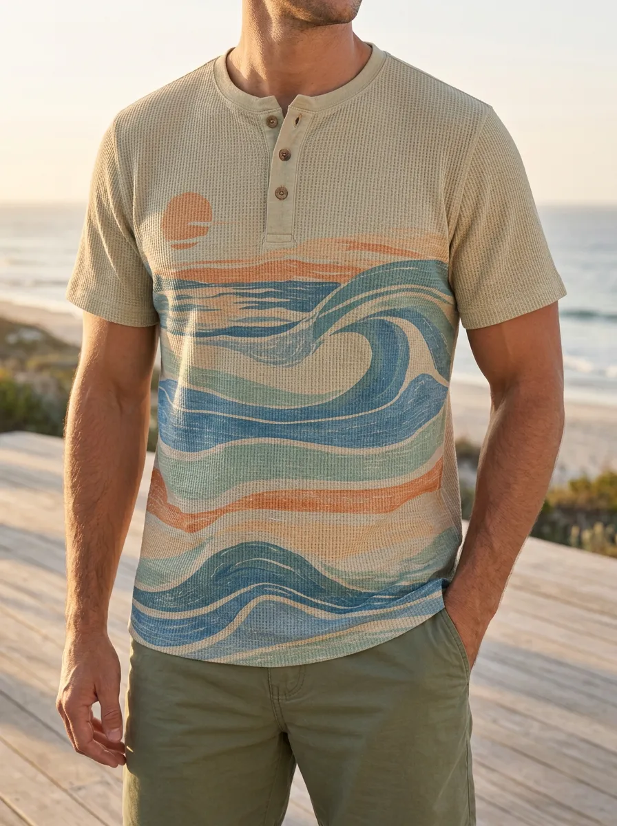 Men's Easygoing Beach Lover Ocean Wave Sunset Henley T-Shirt