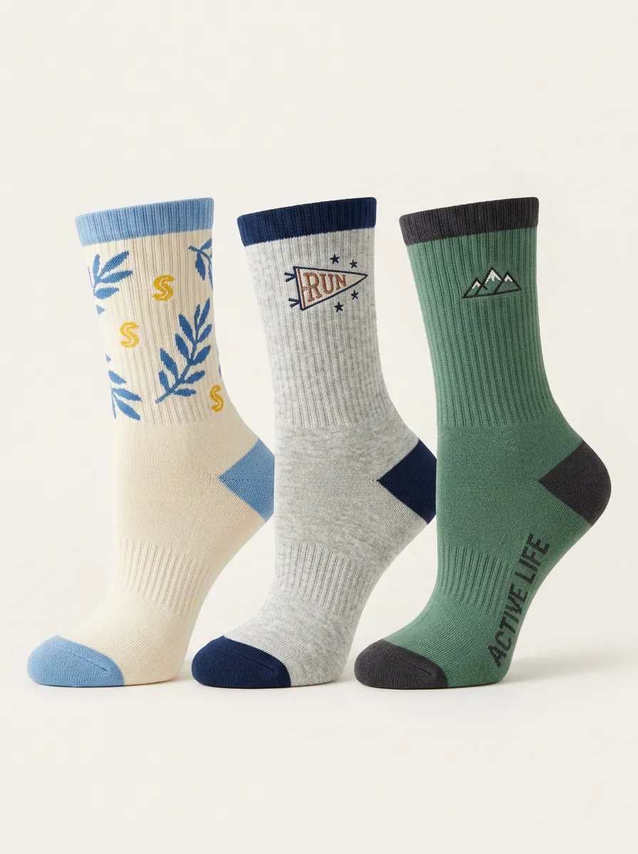 Women's Mountain Outdoor Three-Pair Embroidered Crew Socks