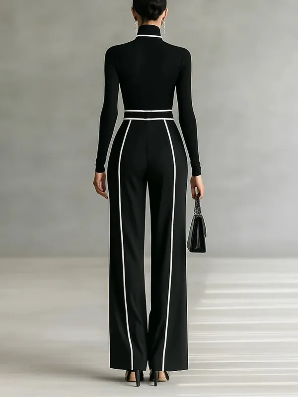 High-neck Top & Wide-leg Pants Set (free Belt)