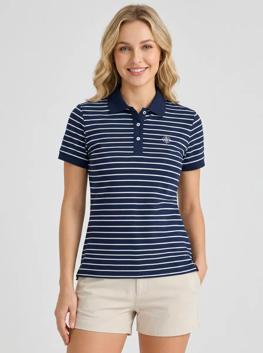 Women's Nautical Casual Compass Striped Printed Polo Shirt