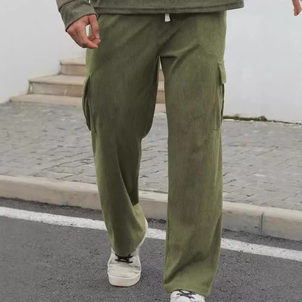 Men's Loose Wide Corduroy Cargo Pants Waistband Pockets