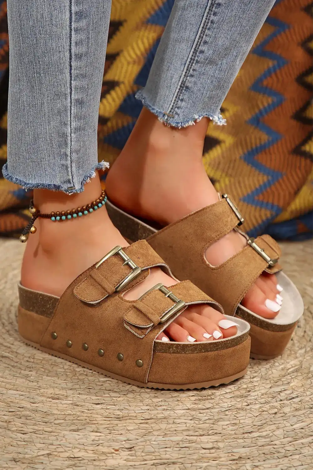 Cork Footbed Buckle Platform Sandals