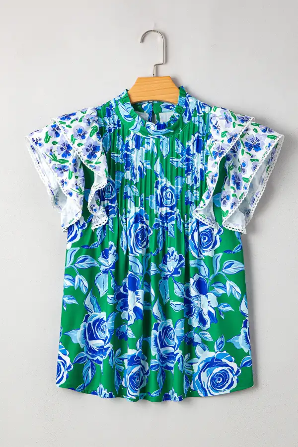 Green Floral Print Lace Trim Contrast Ruffle Sleeve Pleated Loose Blouse