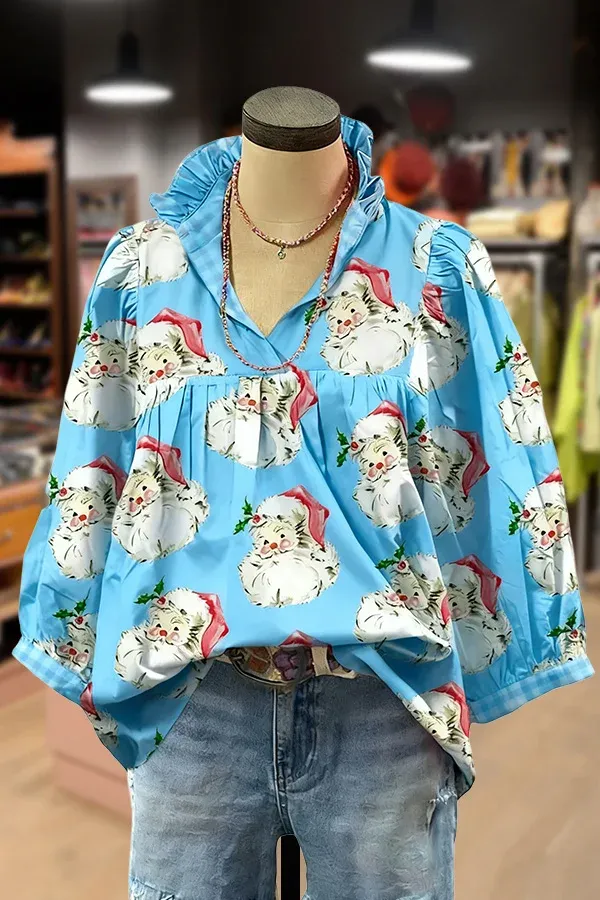 Christmas Santa Print Ruffle V-Neck Blouse