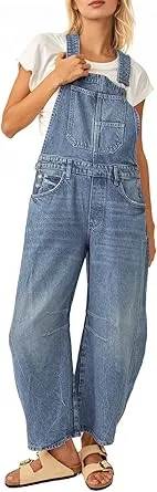Women's Denim-Effect Print Plicated Wide Leg Overalls Jumpsuit, Minimalist Chic Fashion Casual Pocket Square Neck Overalls Jumpsuit for Daily Outdoor Wear, Ladies Clothes for All Seasons