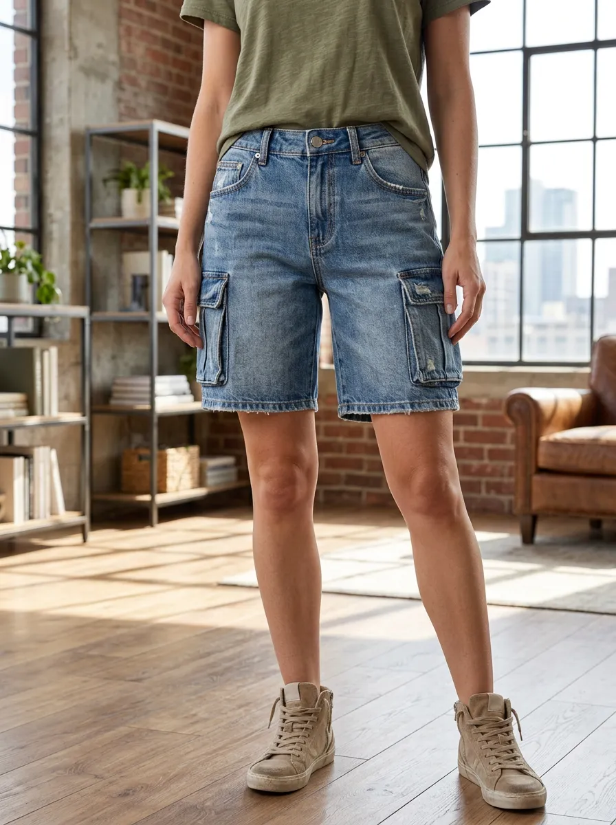 Women's Modern Distressed Denim Cargo Pocket Shorts Cargo Denim Shorts