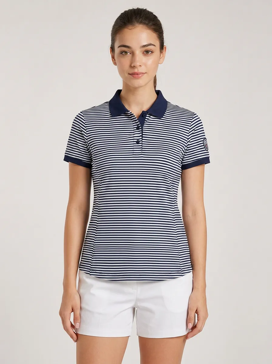 Women's Casual Sporty Navy White Striped Printed Polo Shirt