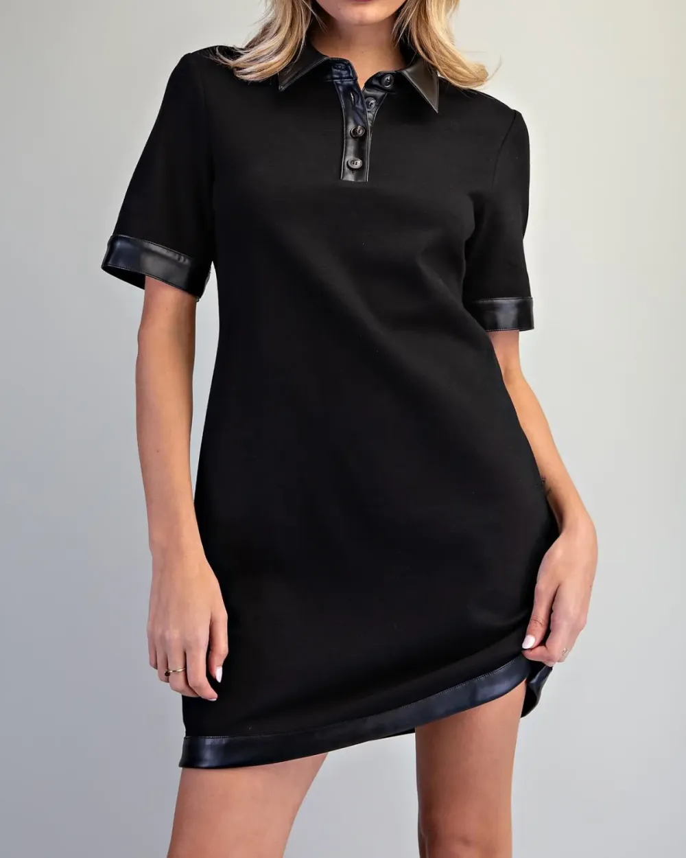 Leather Trim Mini Polo Dress