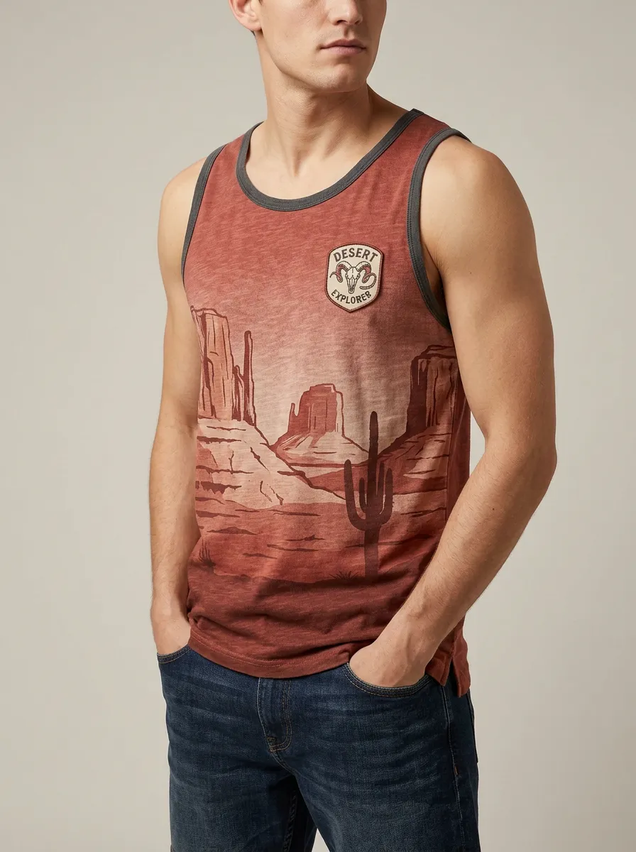 Men's Desert Explorer Ram Skull Cactus Landscape Printed Tank Top