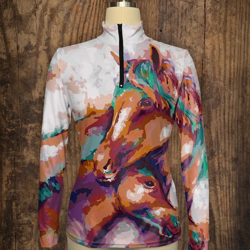 Women's Riding Style Horse Print Long Sleeve Casual Shirt