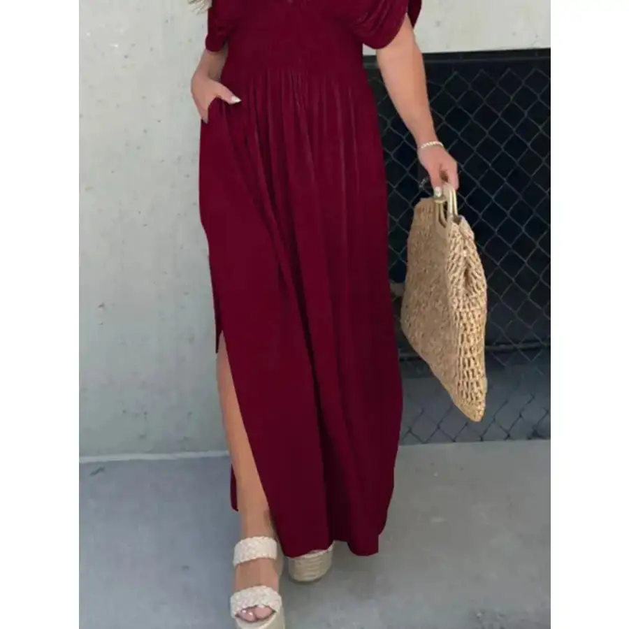 Full Size Deep V Neck Maxi Dress with Side Slit Plus Size