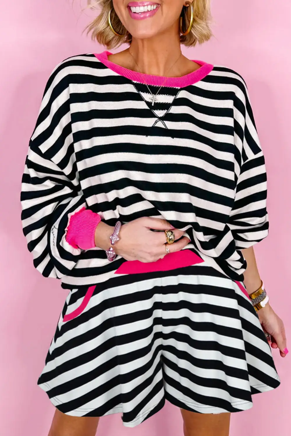 Stripe Ribbed Relaxed Shorts Lounge Set Comfort