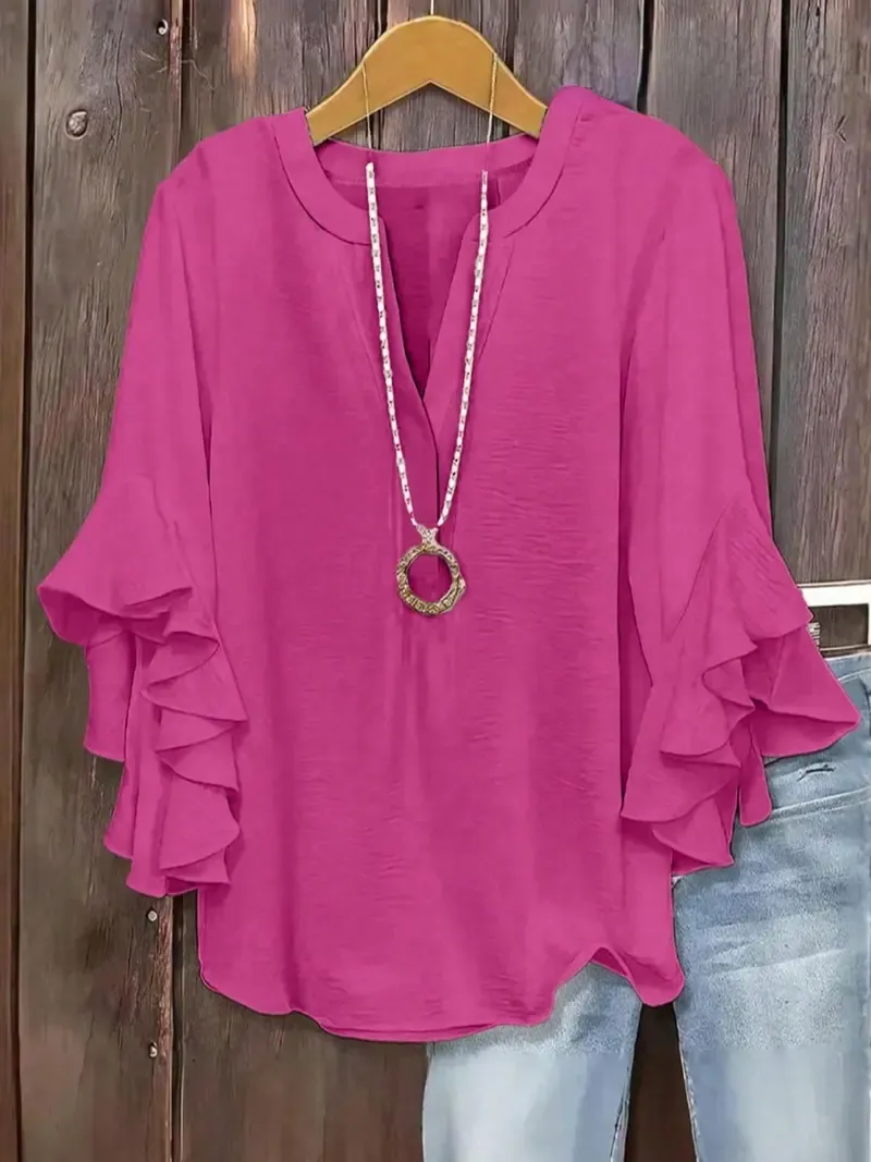 Plus-Size Women's Slim-Fit Shirt With Ruffled Sleeves And V-Neck