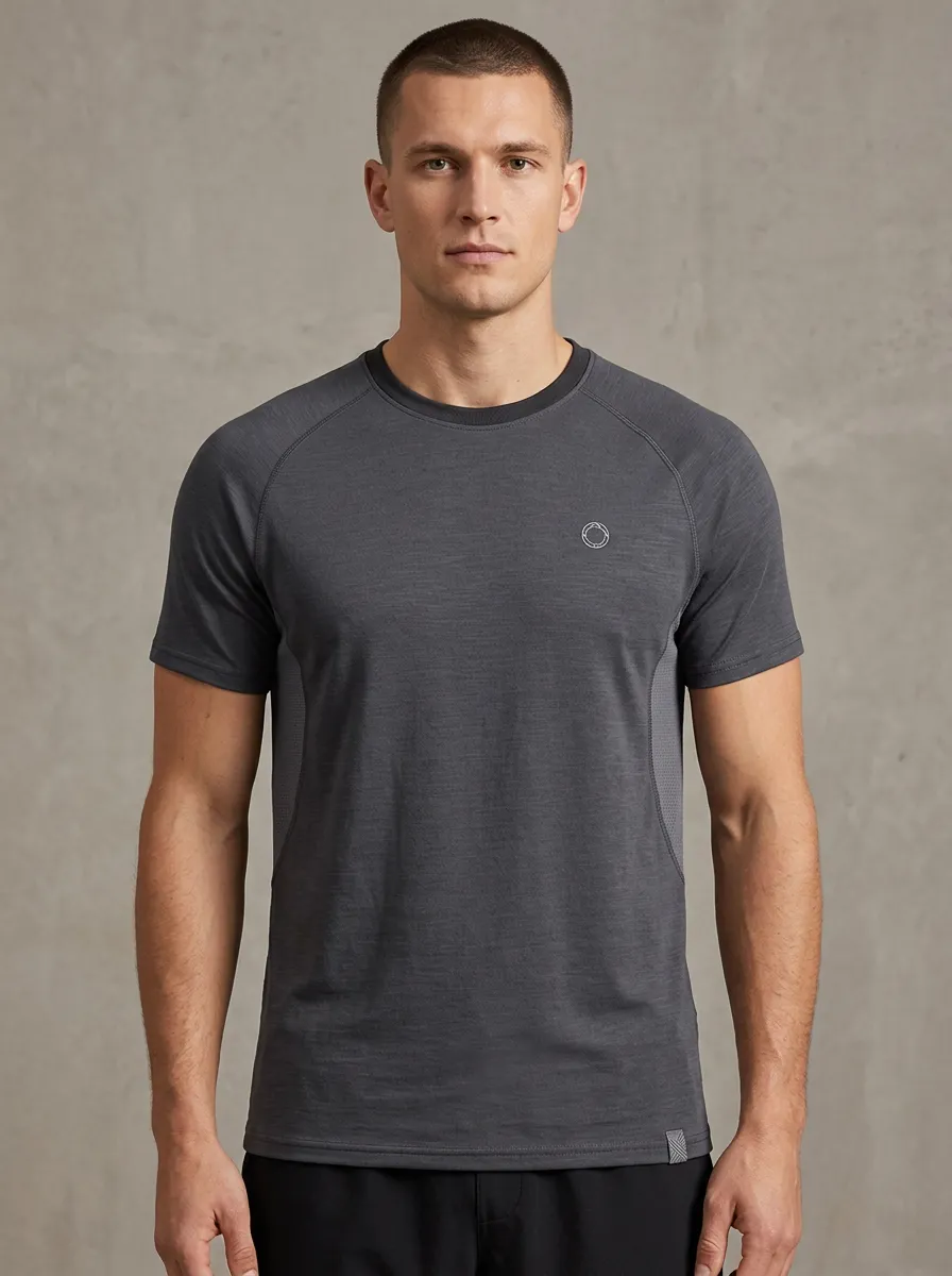 Men's Sport-Inspired Emblem Athletic Mesh Textured Raglan Performance Sport Crewneck T-Shirt