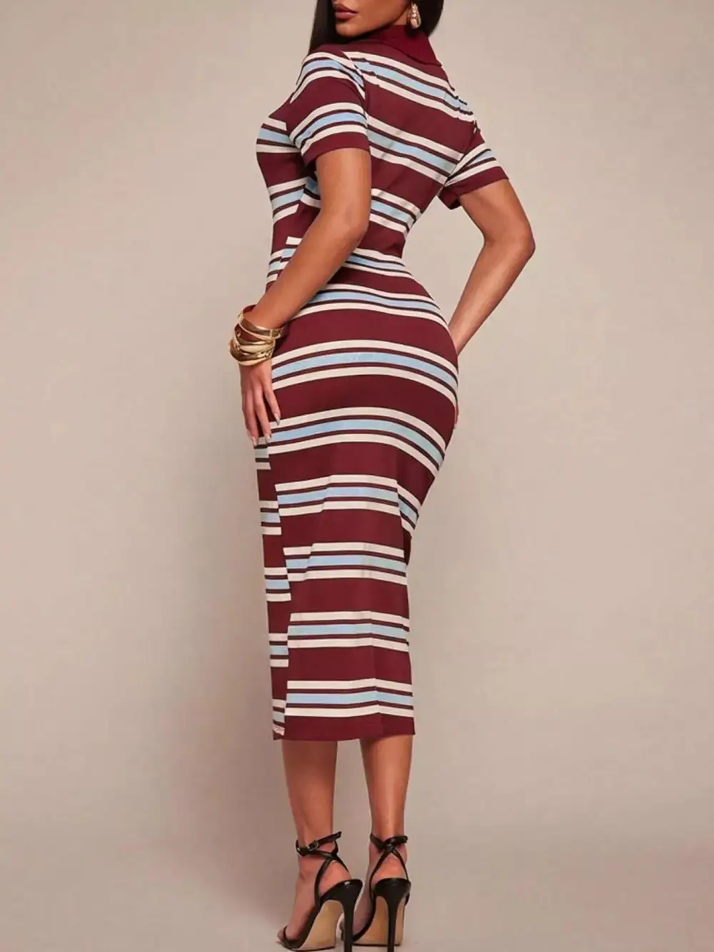 Striped Polo Collar Midi Dress