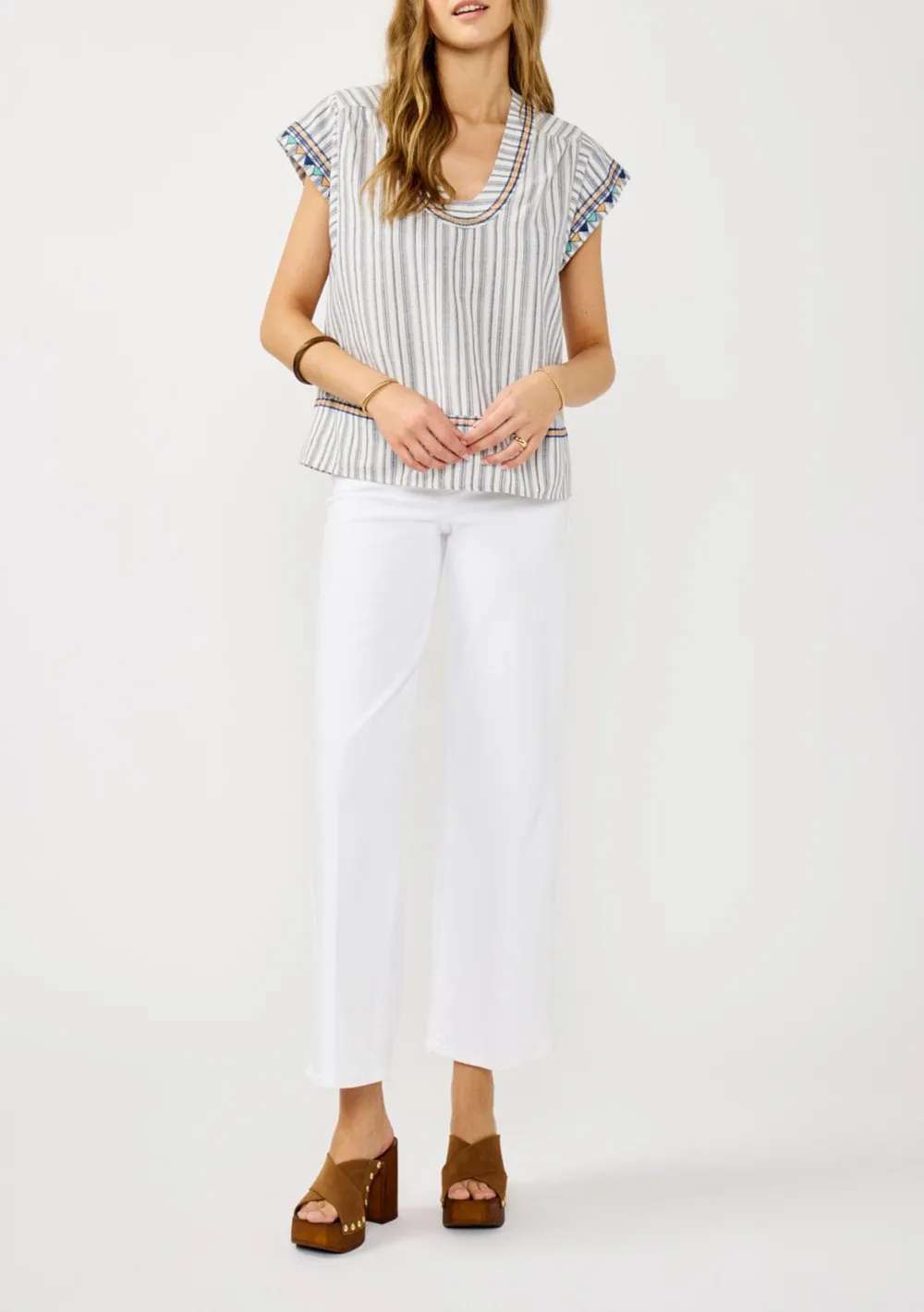 Embroidered Striped Crew Neck Blouse