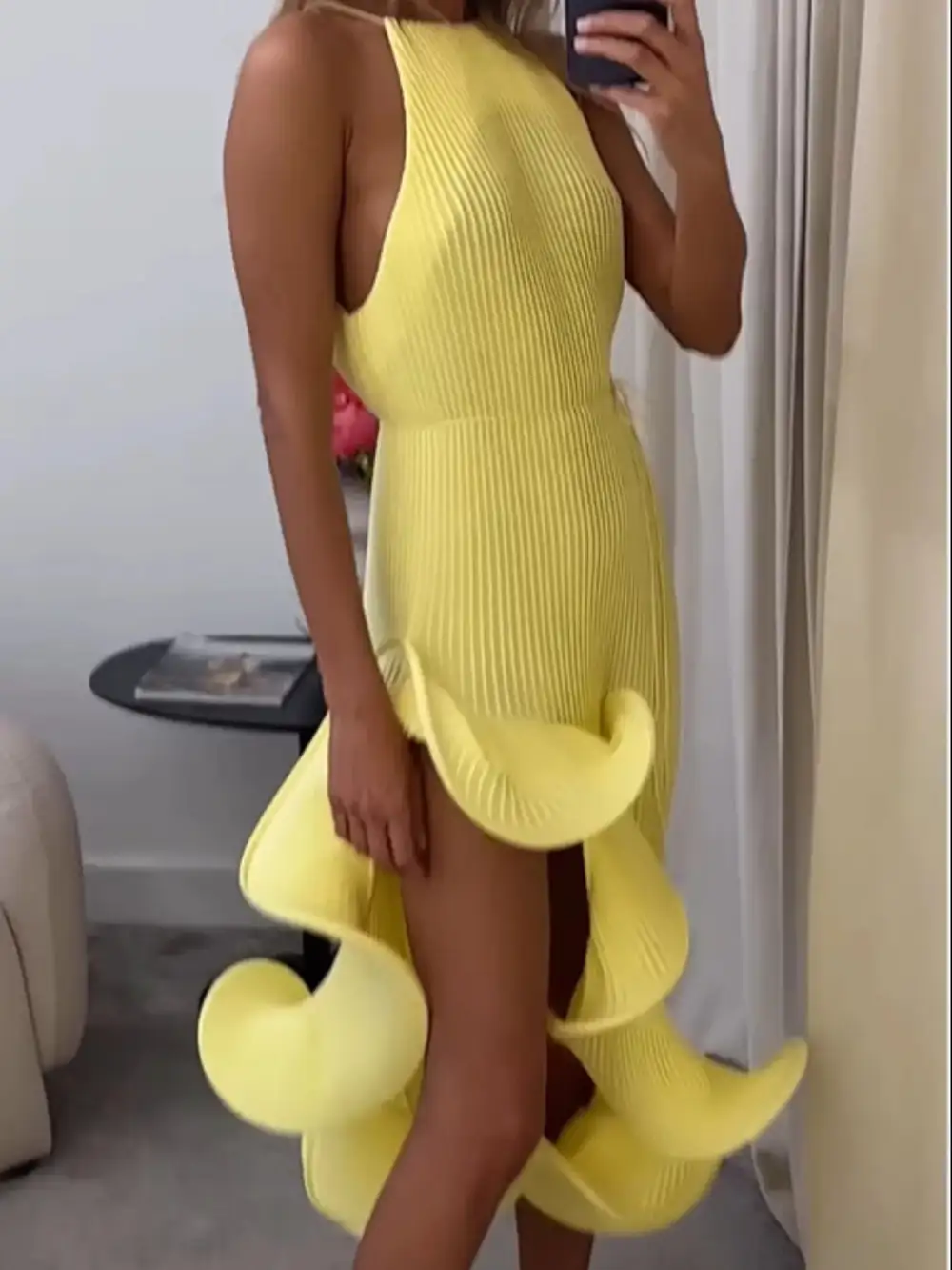 Ribbed Ruffle Sleeveless Dress Casual