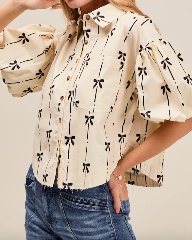 Bow Detail Button Front Puff Top