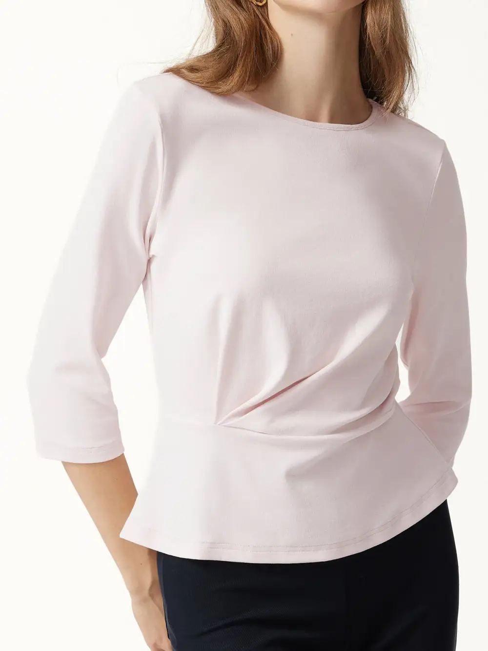 Cotton Lyocell Round Neck Three Quarter Sleeve Tucked Top