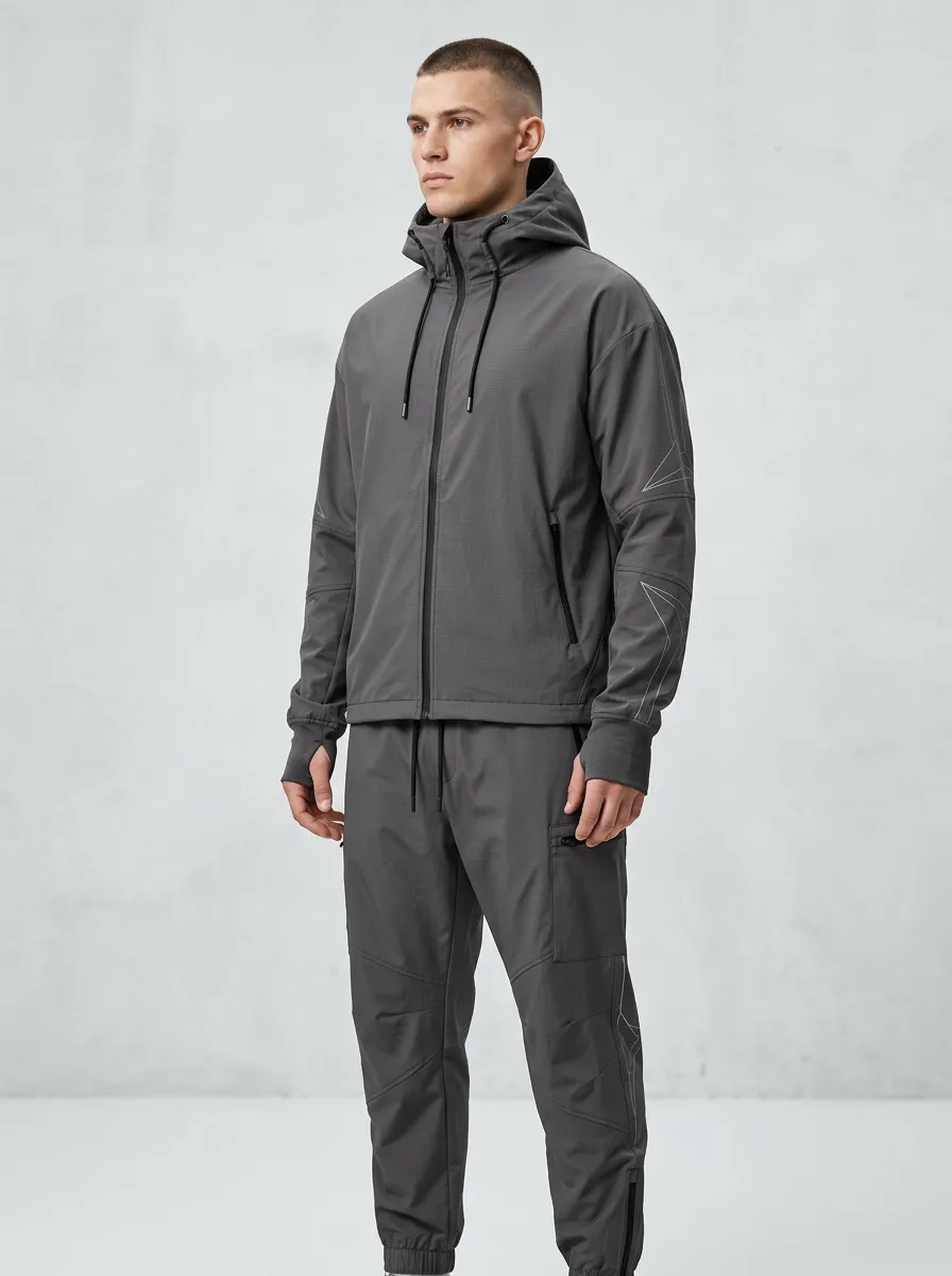 Zip-Up Hoodie Techwear-Inspired Geometric Line Detail Geometric Detail Unisex Zip Hoodie Tracksuit Set
