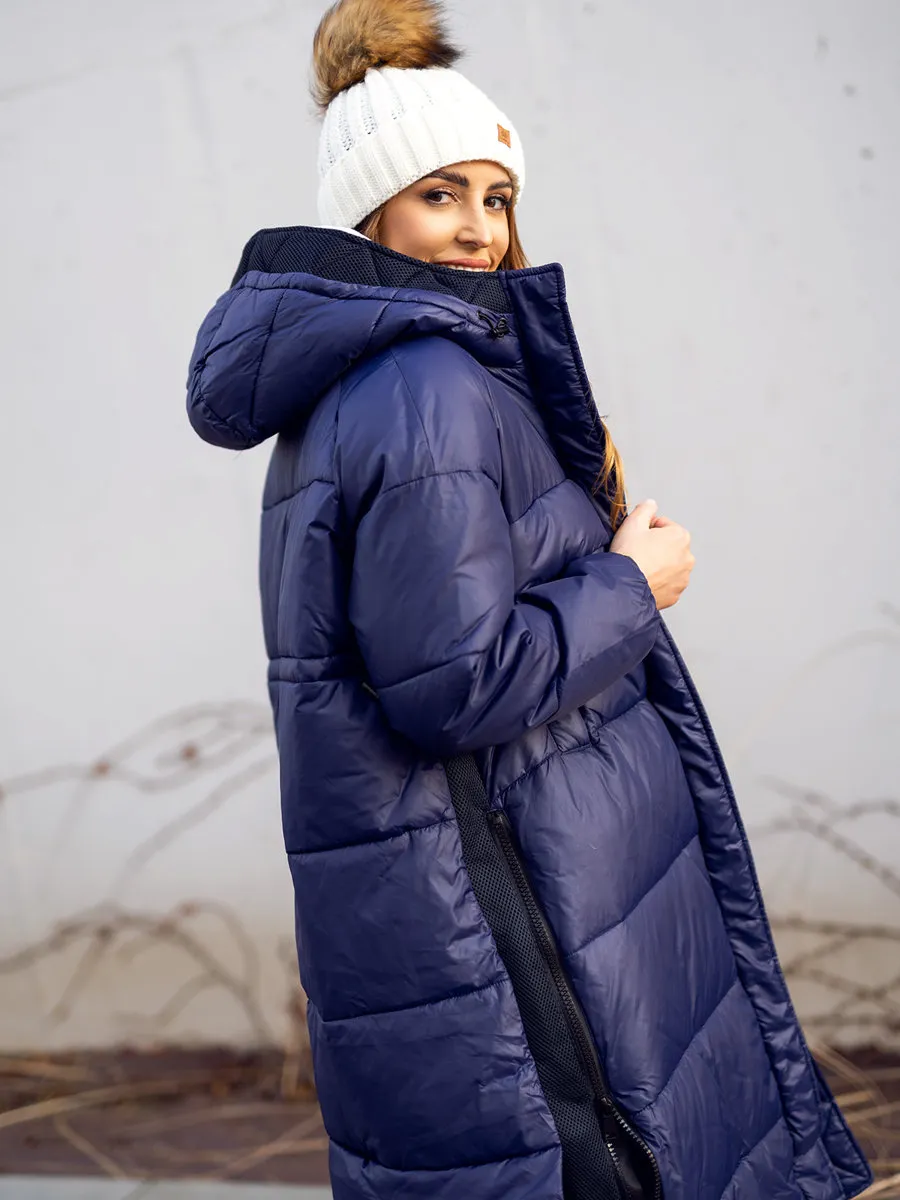 Dark blue women's long winter jacket with hood