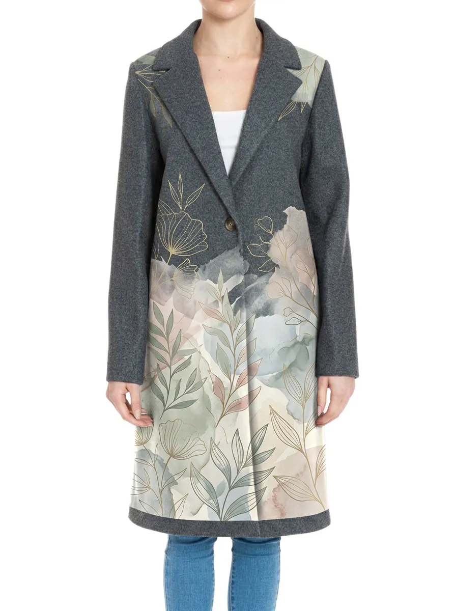 Women's Botanical Watercolor Floral Printed Wool Coat