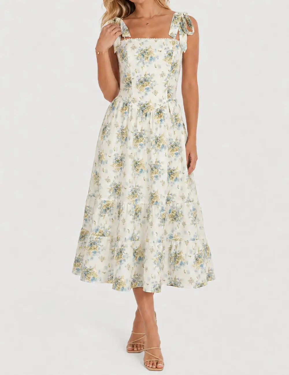 Strap Lace Trim Square Neck Midi Dress