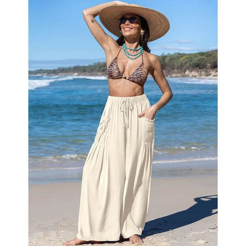 Women Linen Palazzo Pants Loose Fit Boho Wide Leg Summer Lounge Trousers Plus Size Drawstring Waist Casual Beach Travel Vacation Outfits woman wide leg pant