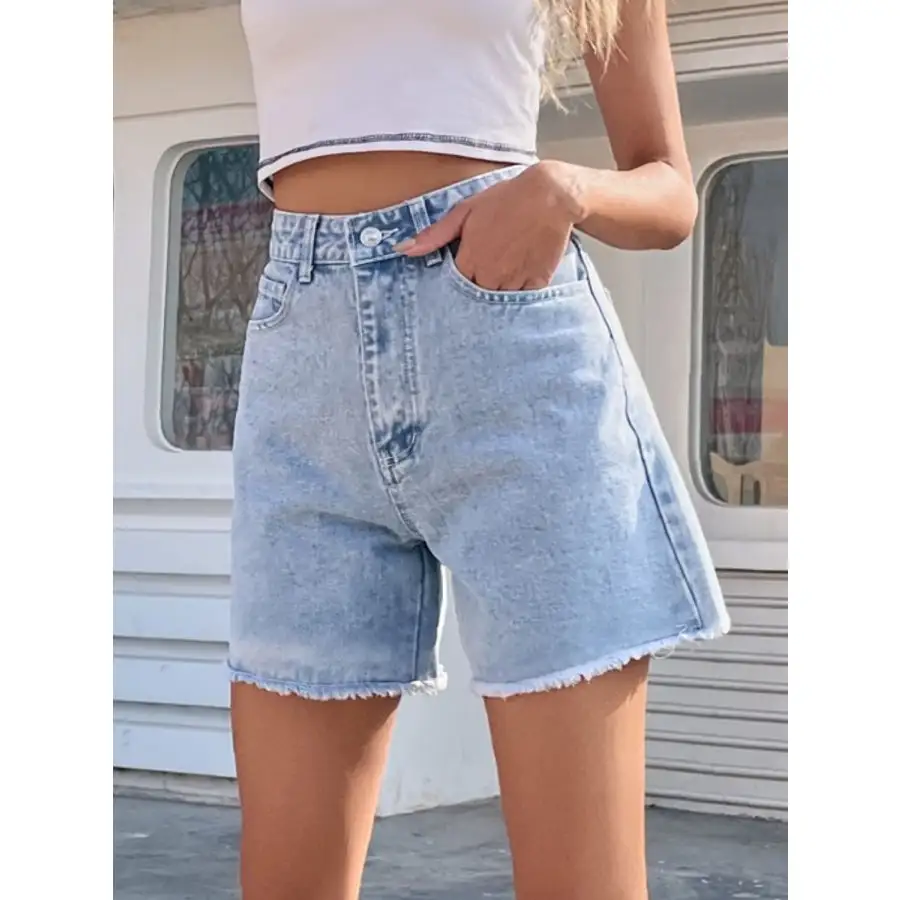Textured Raw Hem High Waist Denim Shorts