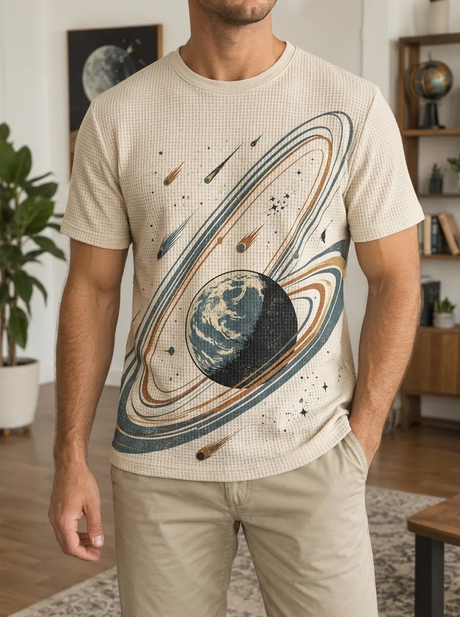 Men's Space Astronomy Planet Saturn Modern Crew Neck T-Shirt