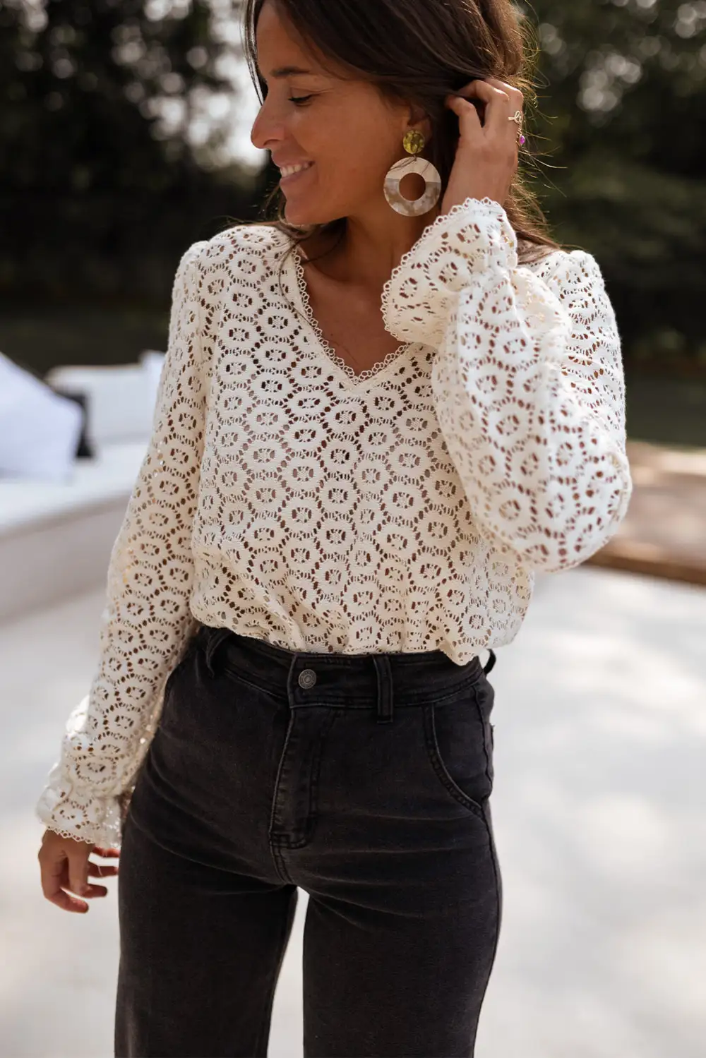 Floral Lace Trim Puff Sleeve Top