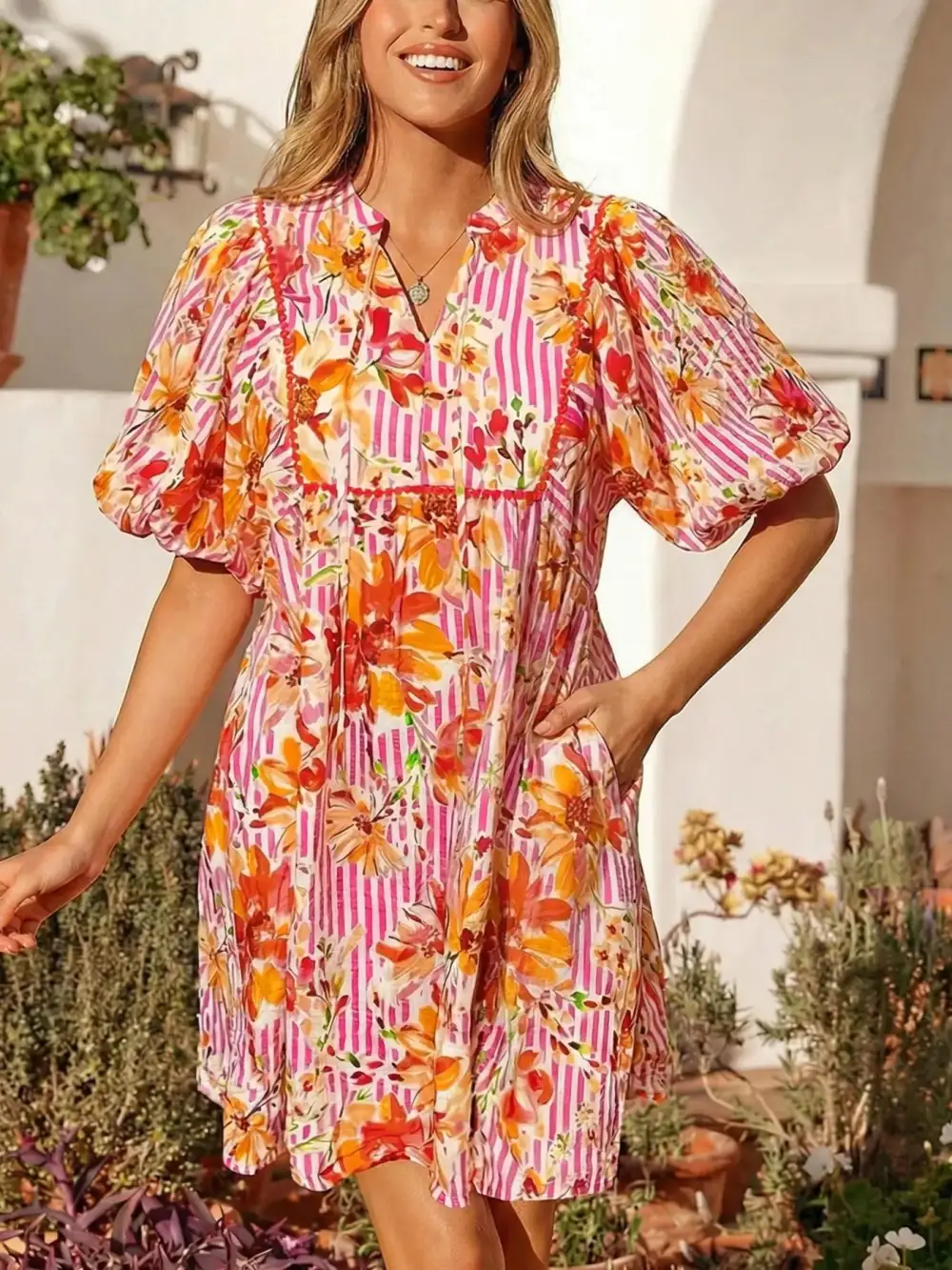 Polished Detail Floral Striped Mini Dress