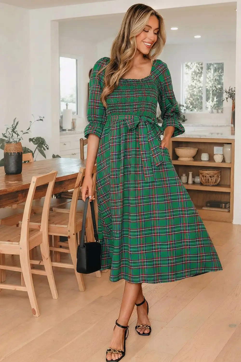 Finish Plaid Square Neck Puff Sleeve Midi Dress