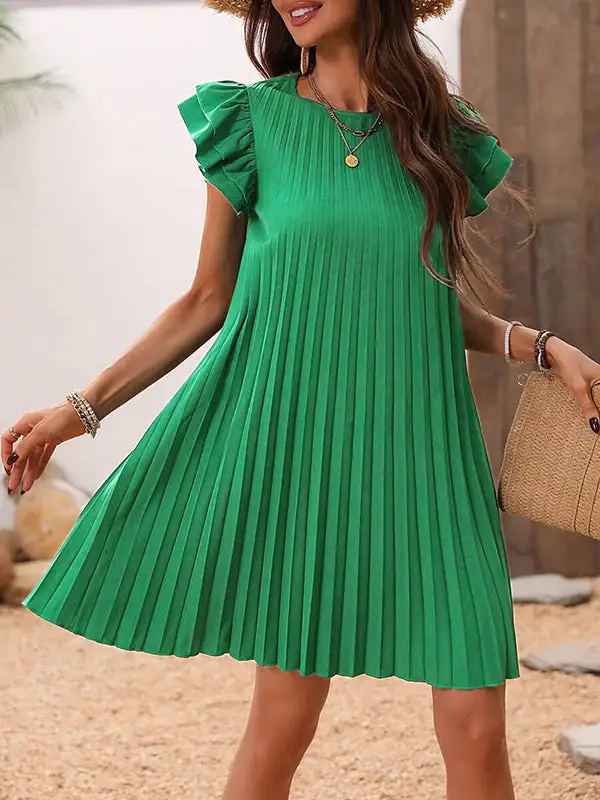 Refined A Line Relaxed Hollow Pleated Solid Color Split Joint Round Neck
