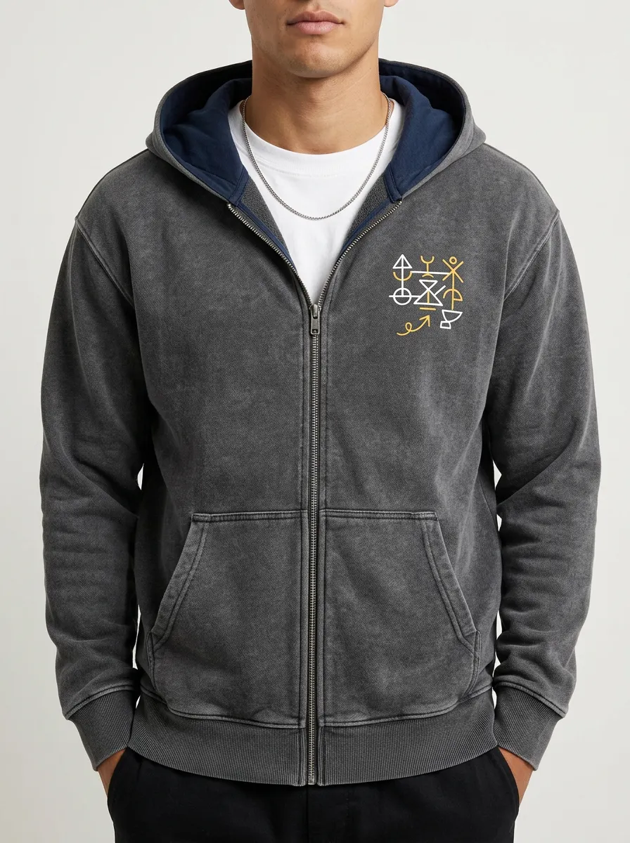 Men's Geometric Symbol Minimalist Printed Zip-up Hoodie