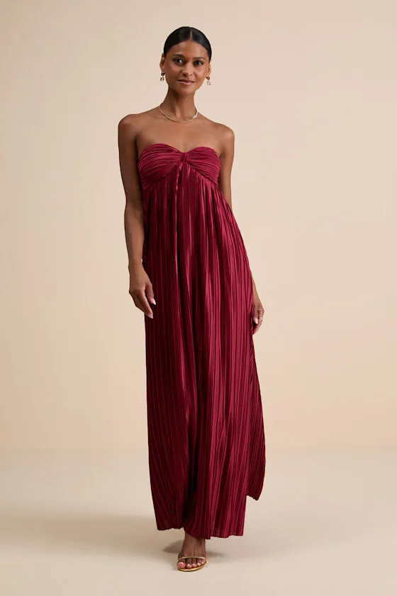 Whimsical Beauty Hot Pink Satin Plisse Strapless Maxi Dress