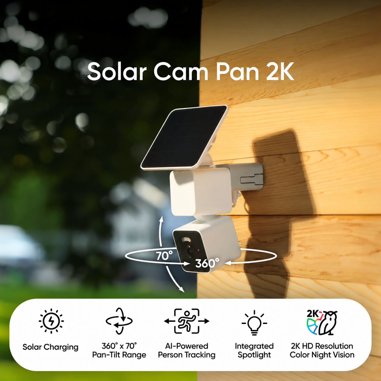 Solar Cam Pan 2K camera and included detachable solar panel